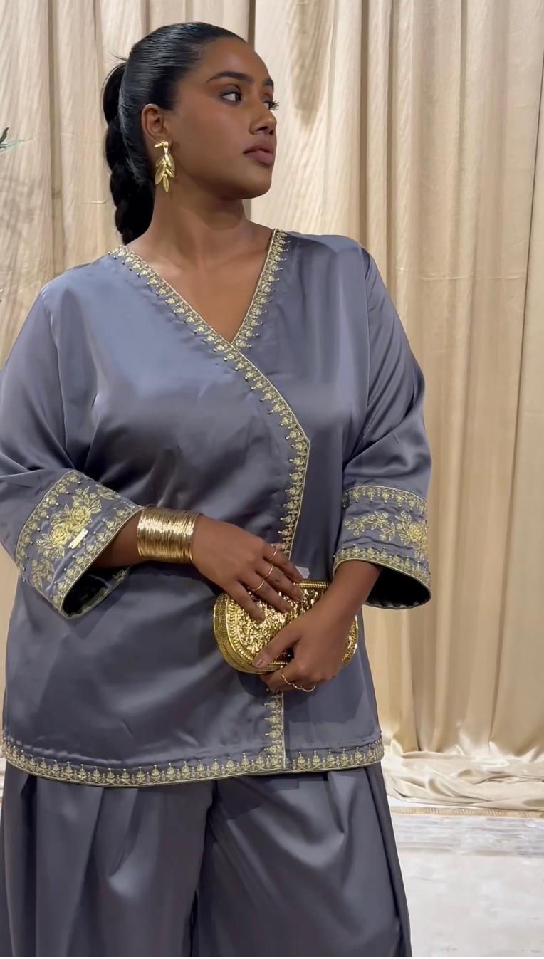 Silver Satin Tunic Wrap set with pants