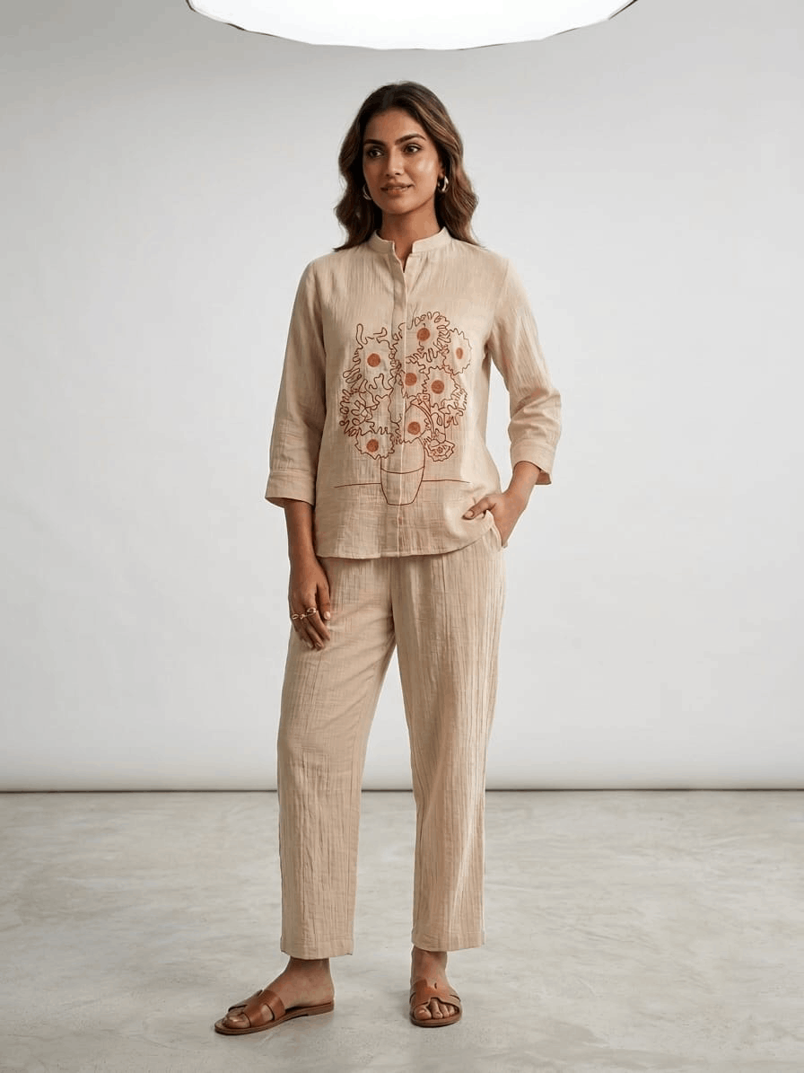 Beige Embroidered Crinkle Co-ord Set