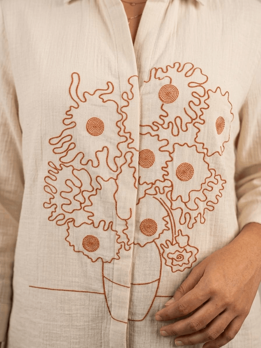 Beige Embroidered Crinkle Co-ord Set