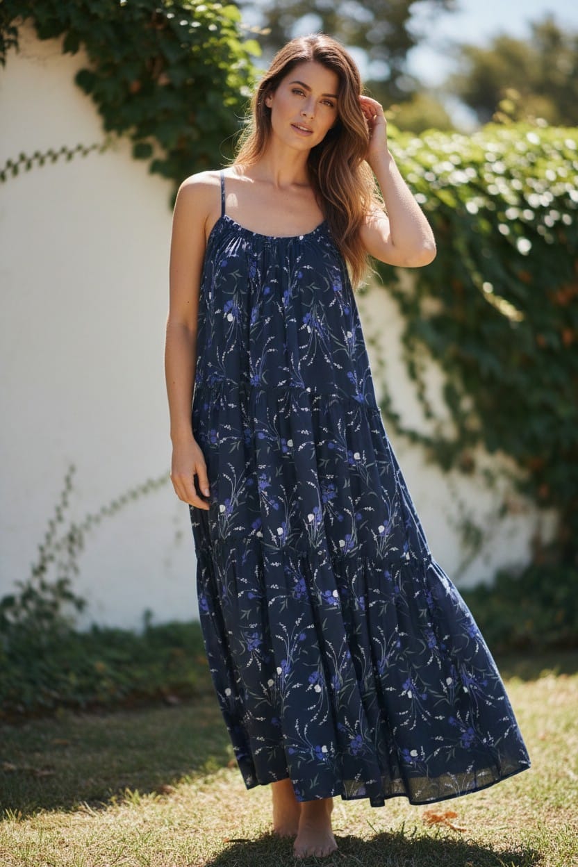 Navy Floral Tiered Maxi Dress