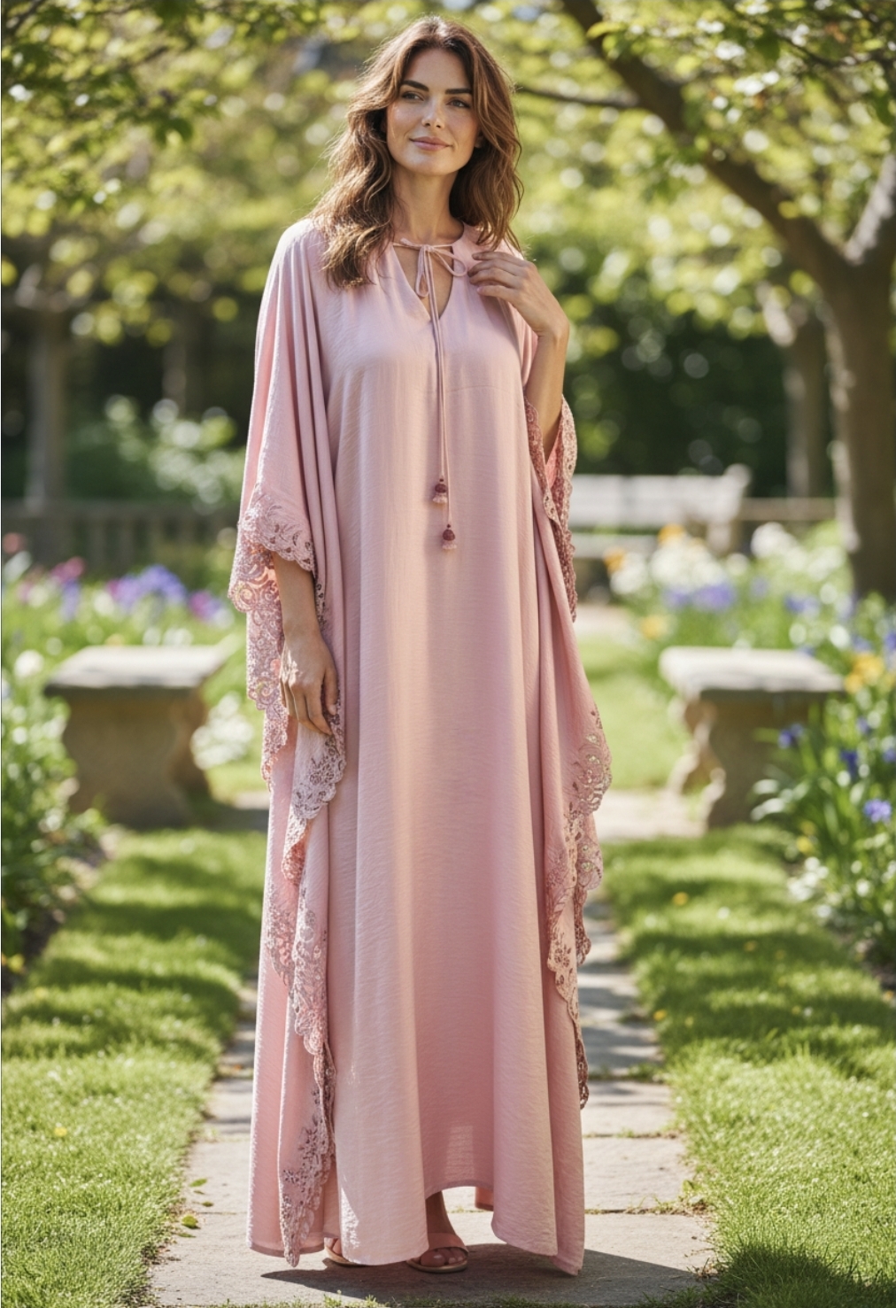 Rose Pink Lace-Trim Kaftan Maxi Dress